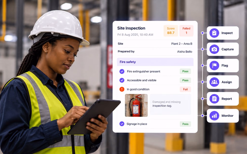 Inspector completing a site inspection on a tablet, with pass and fail items in AuditDAT