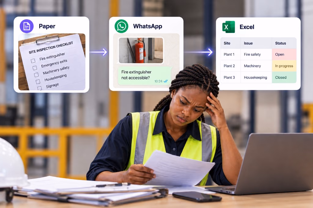 Inspector stuck with paper checklists, WhatsApp photos and Excel follow-ups