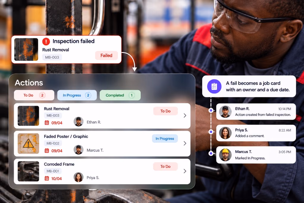A failed inspection becomes a job card, with owners and due dates on the open job cards list