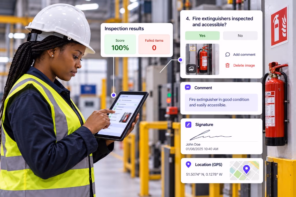 Inspector capturing a photo, comment, signature and GPS location on a site check