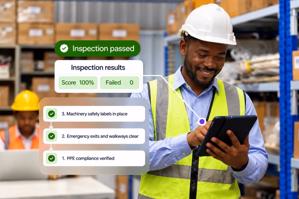 Warehouse inspector reviewing an inspection that passed, with the score and checklist results