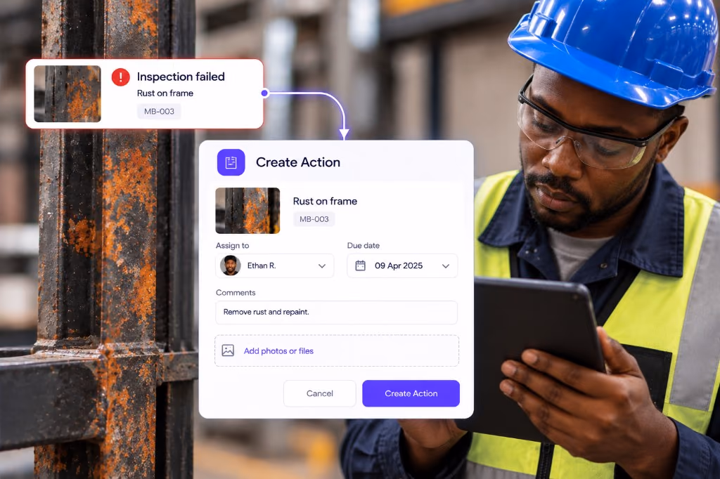Inspector on a tablet creating a job card from a failed inspection, with assignee, due date and comments