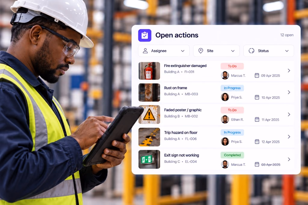 Supervisor reviewing open job cards on a tablet, filtered by assignee, site and status