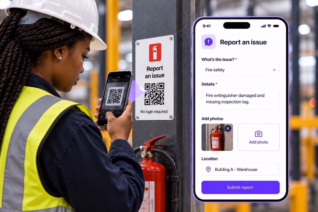 Worker scanning a Report an issue QR sign with no login, and the phone form to submit the report