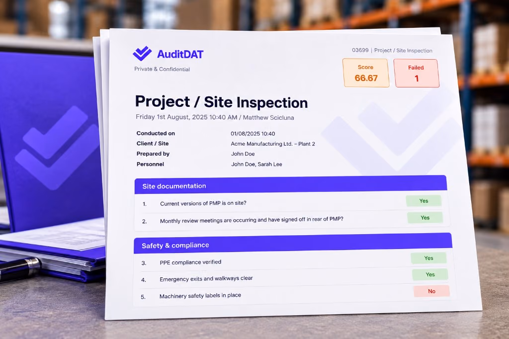 Branded AuditDAT PDF inspection report with score