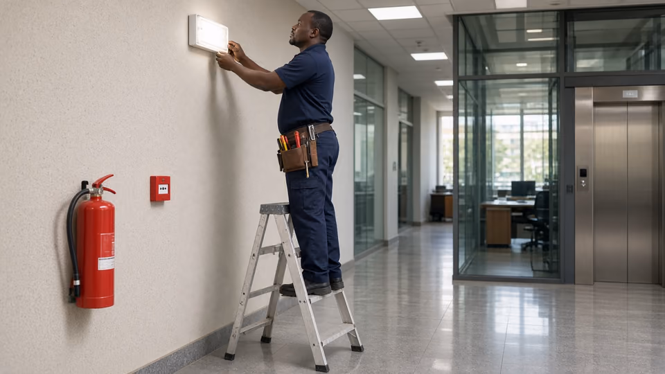 Facilities technician testing an emergency light in an office corridor