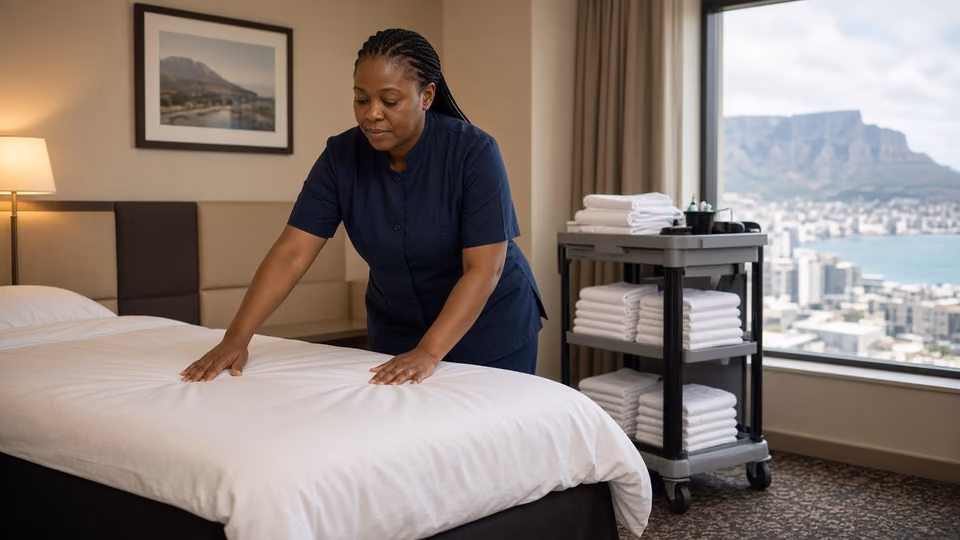 Housekeeping supervisor preparing a hotel room beside a linen trolley