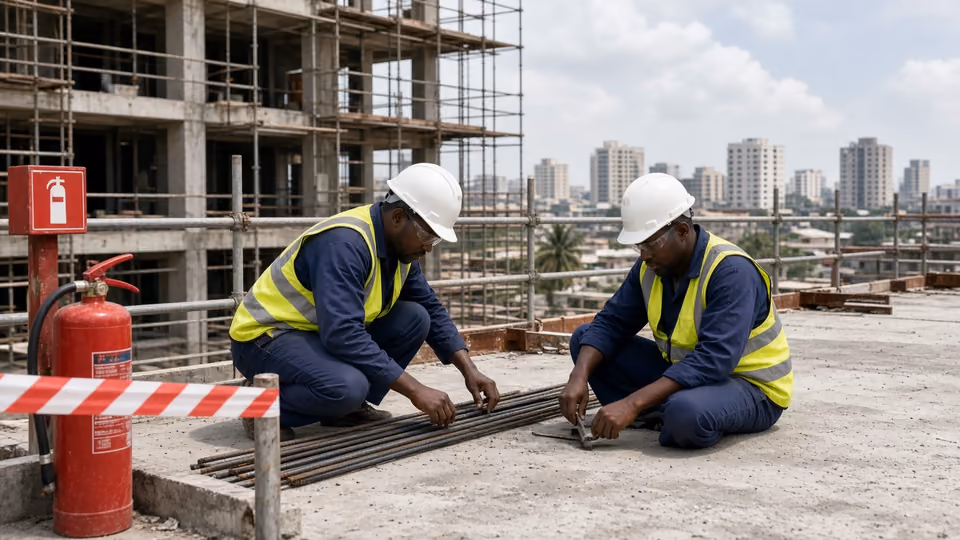 Construction workers in hard hats and hi-vis beside scaffold guardrails and a fire point