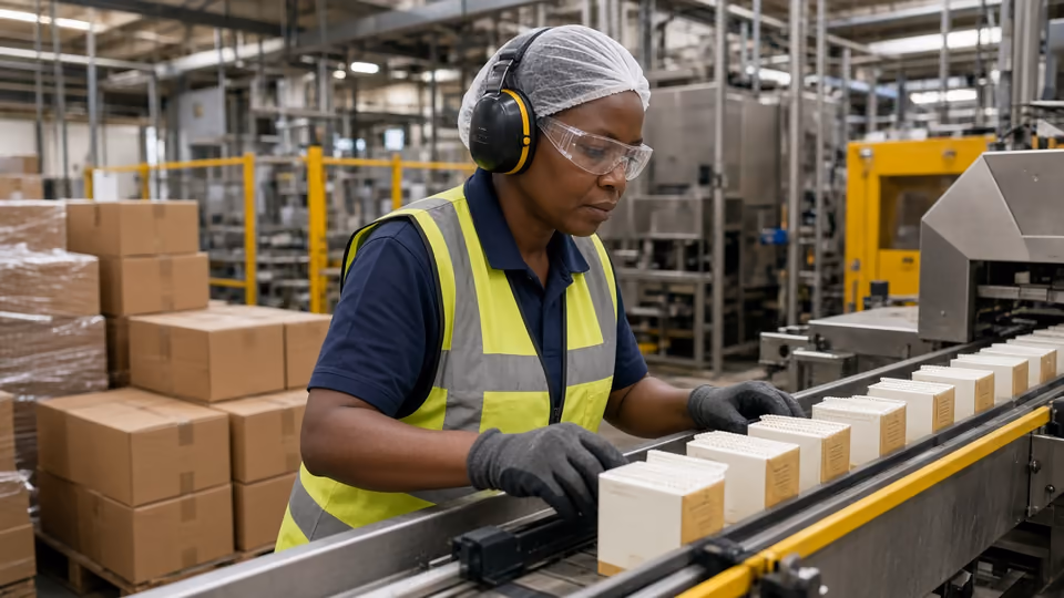 Line supervisor checking cartons on a packaging conveyor