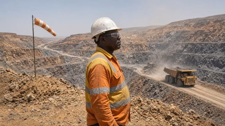 Mine supervisor at the pit edge above a haul truck on the ramp road