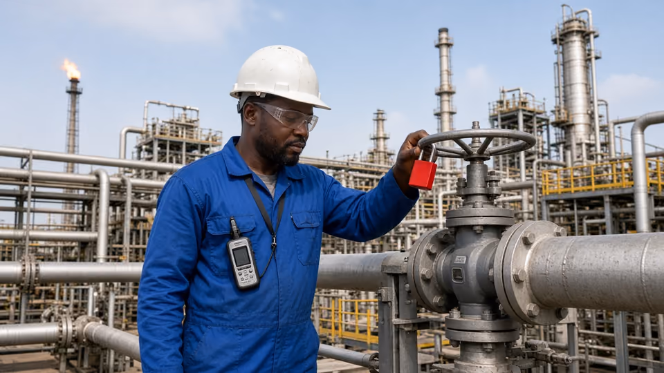 Technician checking a locked-out isolation valve at a gas plant