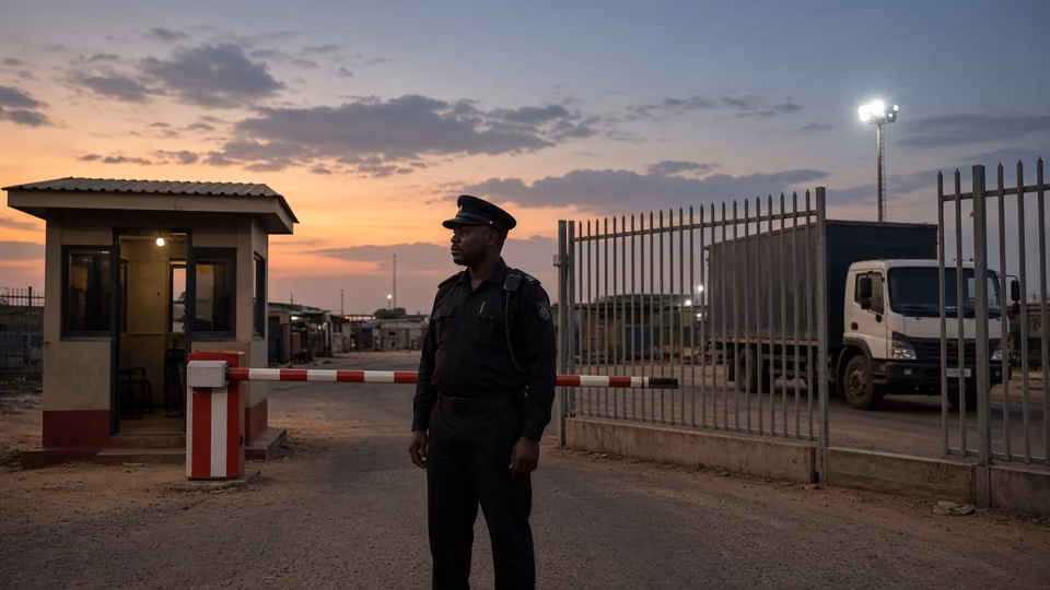 Security officer at an industrial site gate and boom barrier at dusk