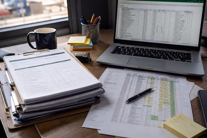 Paper checklists and Excel on a desk, ready to send for digitisation