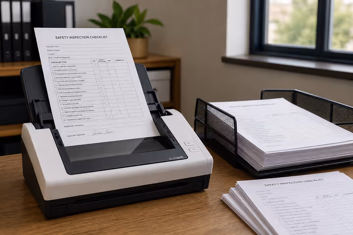 Paper checklists being scanned into AuditDAT