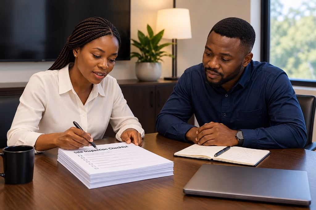 Two colleagues reviewing a site inspection checklist together before a demo