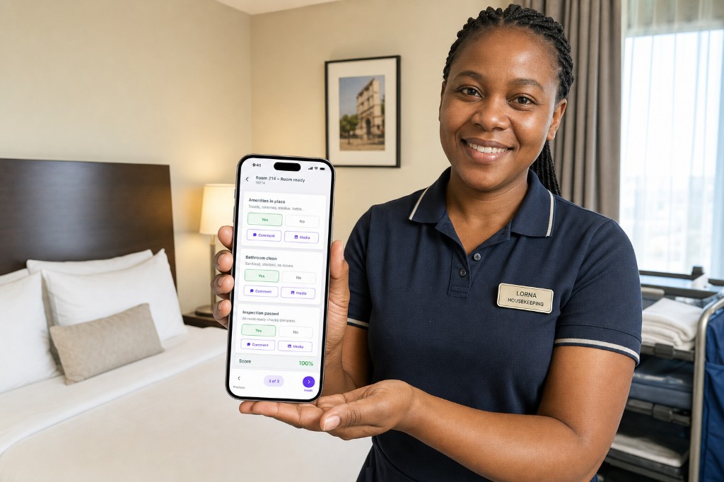 Housekeeper showing a passed room-ready check for Room 214 on a phone