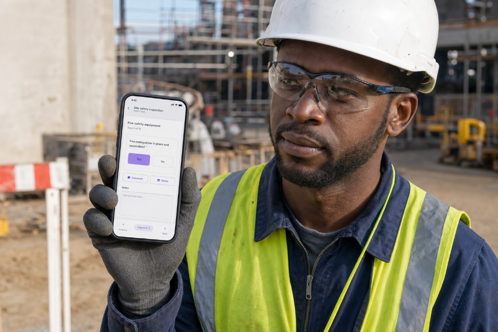 HSE officer showing a fire safety equipment check in a site safety inspection on a phone at a construction site