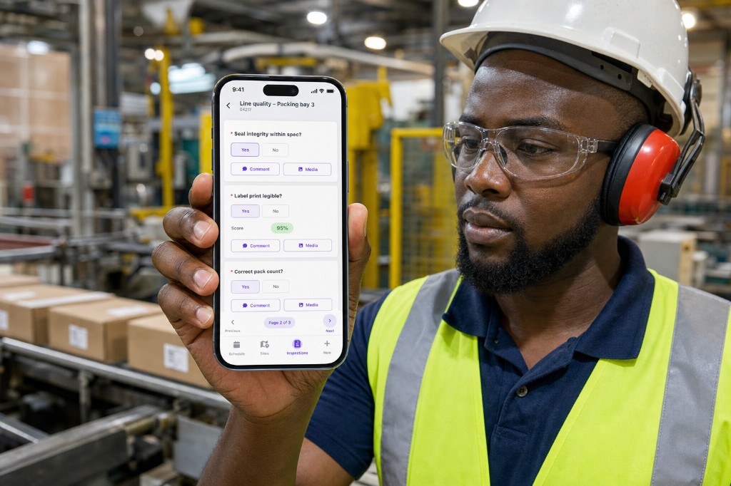 QA inspector showing a Packing bay 3 line quality check with a 95% score on a phone