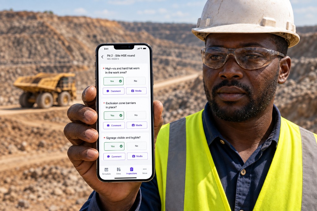Mine supervisor showing a Pit 2 site HSE round on a phone at an open pit, with a haul truck behind
