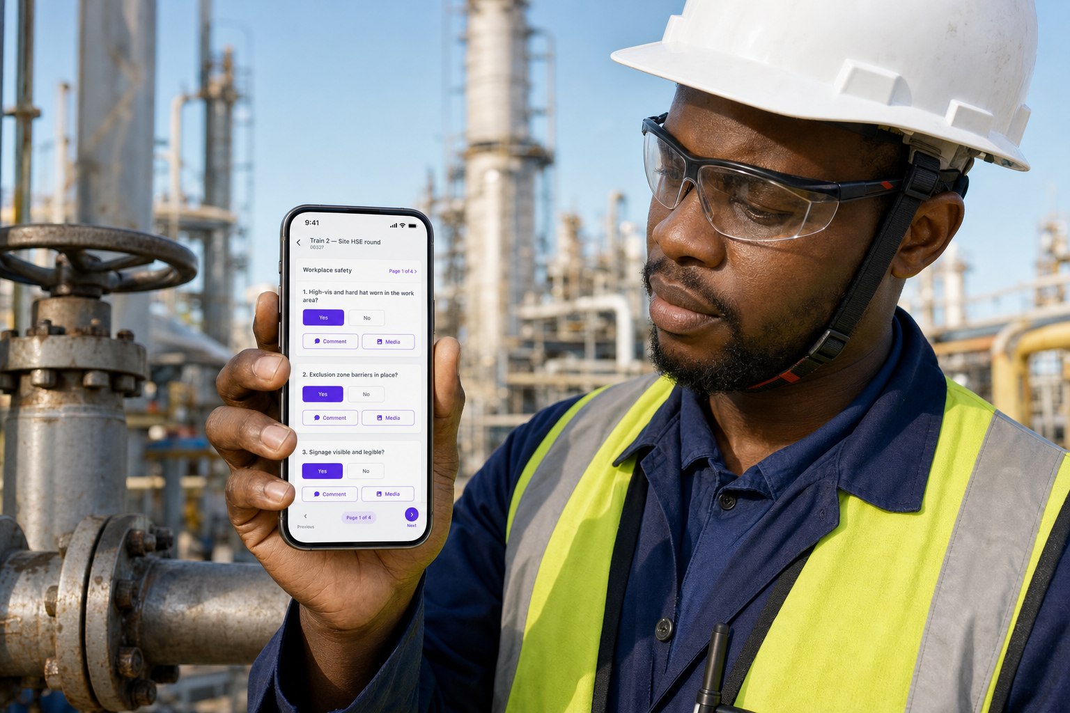 HSE officer showing a Train 2 site HSE round on a phone at a gas plant