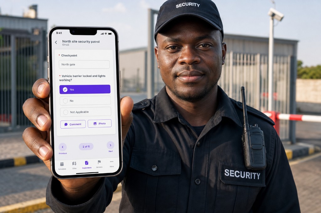 Security officer showing the North gate checkpoint of a site patrol on a phone