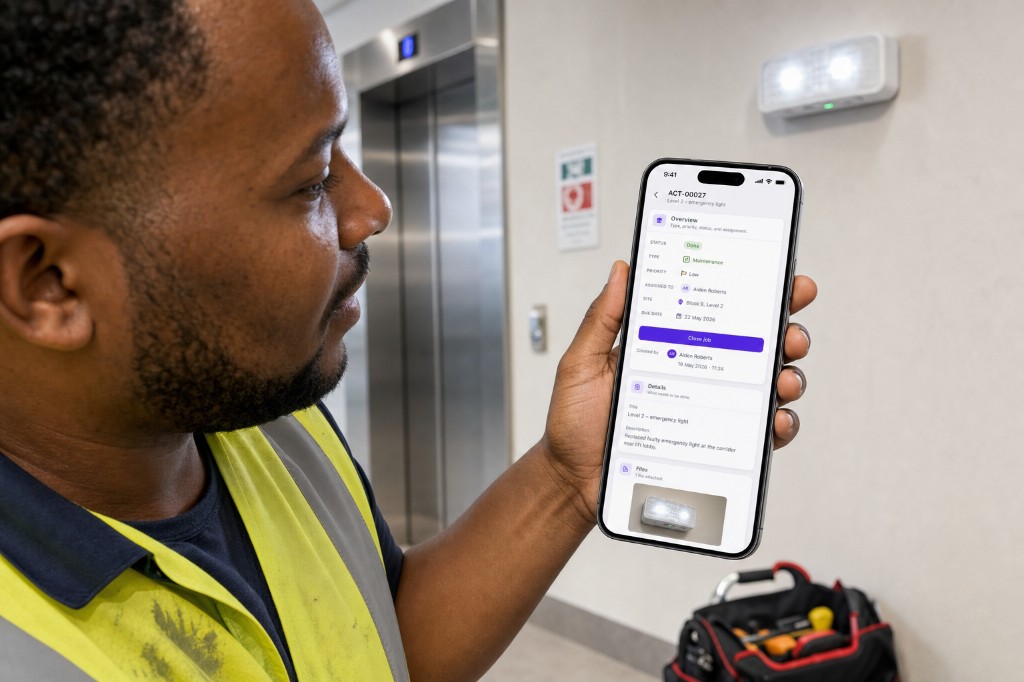 Contractor closing the Level 2 emergency-light job card on a phone after replacing the light