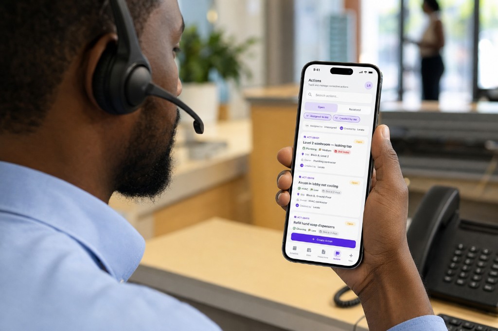 Helpdesk coordinator on a headset reviewing open job cards on a phone, including the leaking tap and a lobby air conditioner
