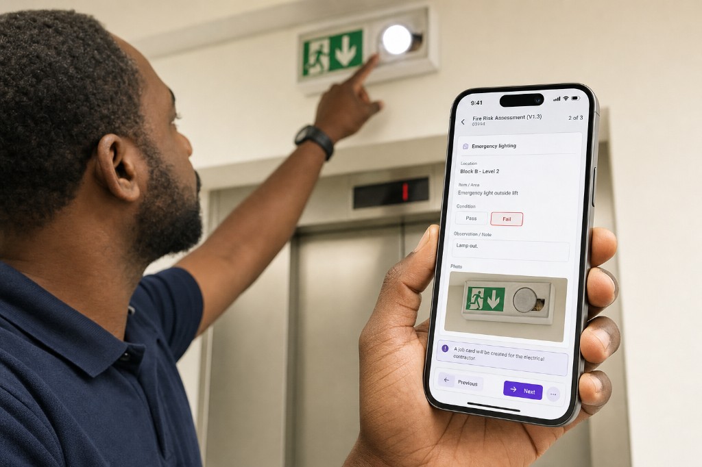 Technician recording a failed emergency light outside a lift on a phone, with a photo and a job card for the electrical contractor