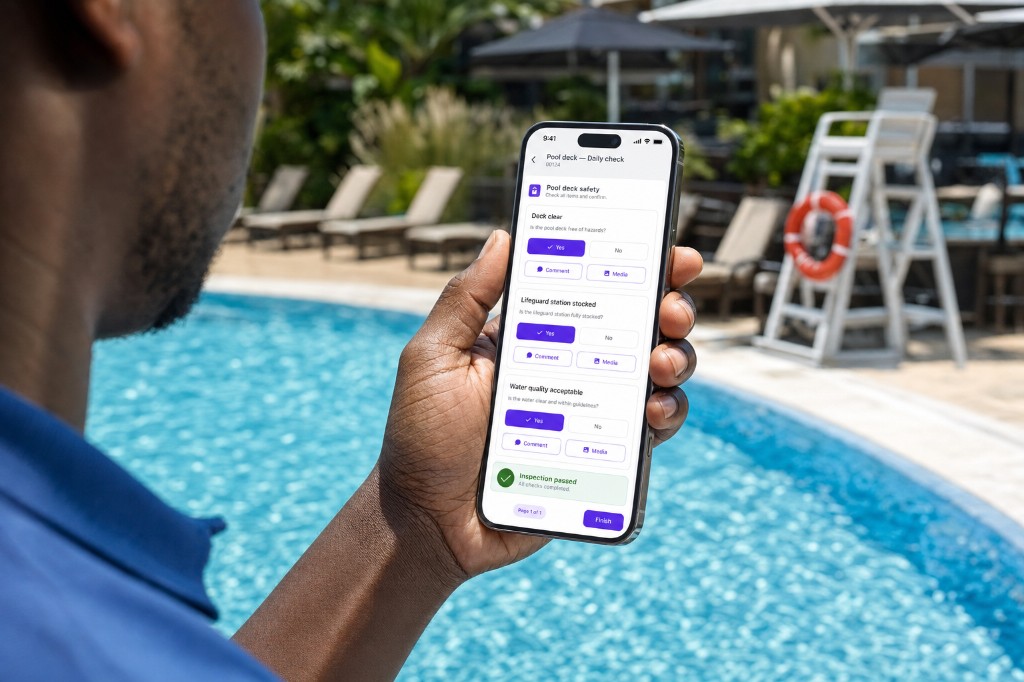 Attendant completing a passed daily pool-deck check on a phone beside the pool