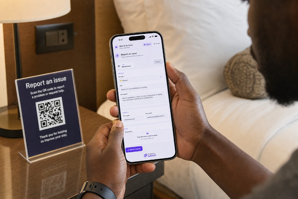 Guest reporting that the air conditioning in Room 214 is not cooling, using the QR card on the bedside table