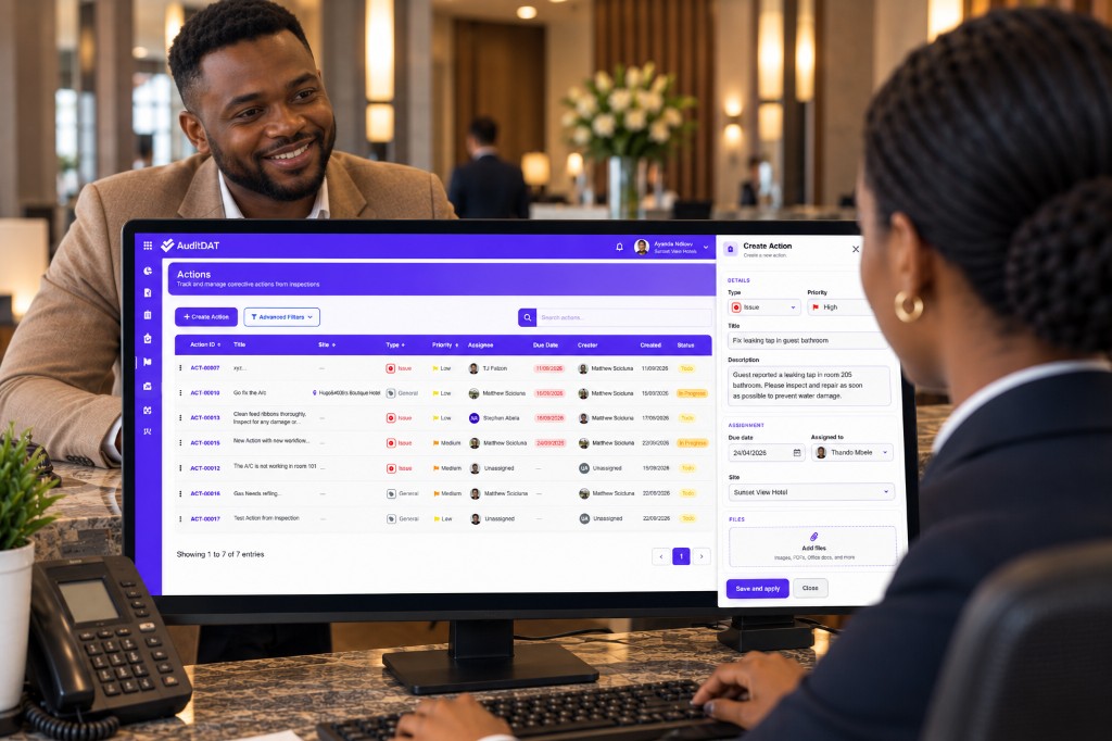 Receptionist creating a job card on the AuditDAT web app for a leaking tap a guest reported at the front desk
