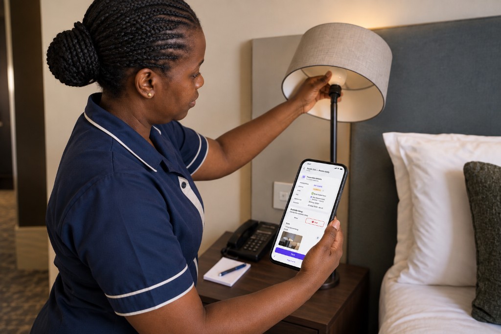 Housekeeper testing a bedside lamp and marking it as failed on a phone during a room inspection