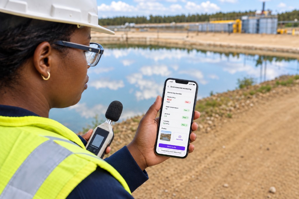 HSE officer holding a sound level meter and recording water quality readings on a phone beside a settlement pond