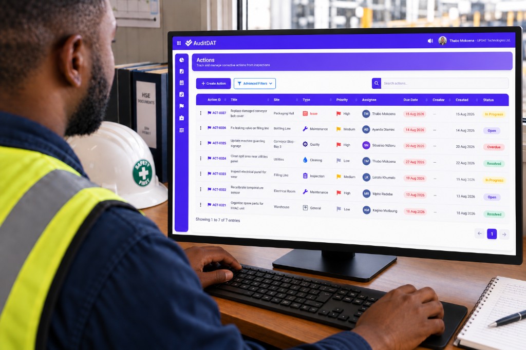 HSE officer reviewing open job cards by site, priority and due date on the AuditDAT web dashboard
