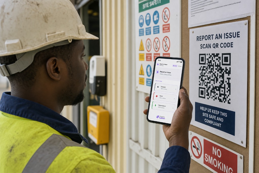 Worker scanning a “Report an issue” QR code on a site safety board and choosing the report type on a phone