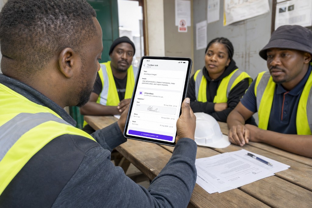 Supervisor recording a working-at-height toolbox talk with attendee signatures on a tablet