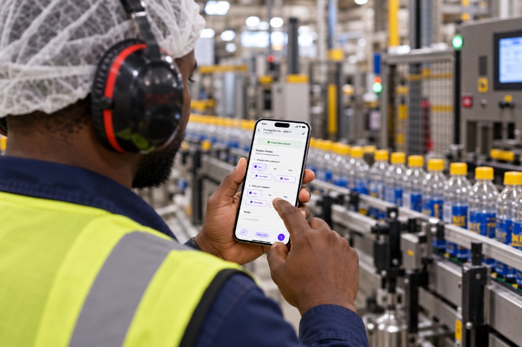 QA operator completing a passed packing-line quality check on a phone beside the bottling line