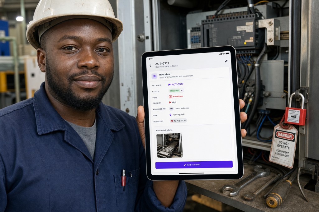 Maintenance technician showing the resolved Bay 3 conveyor job card with a close-out photo on a tablet, beside a locked-out cabinet