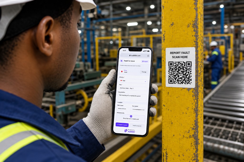 Operator reporting a conveyor stop at Bay 3 from a QR code on a pillar, with no AuditDAT account