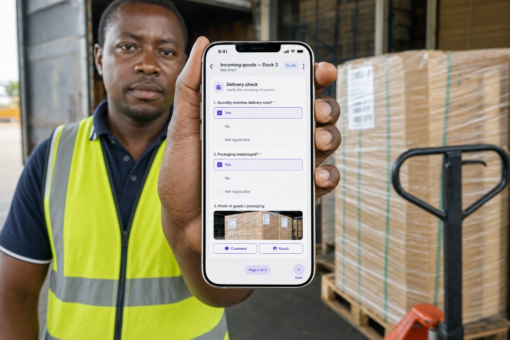 Receiving clerk inspecting incoming goods on a phone at the loading dock