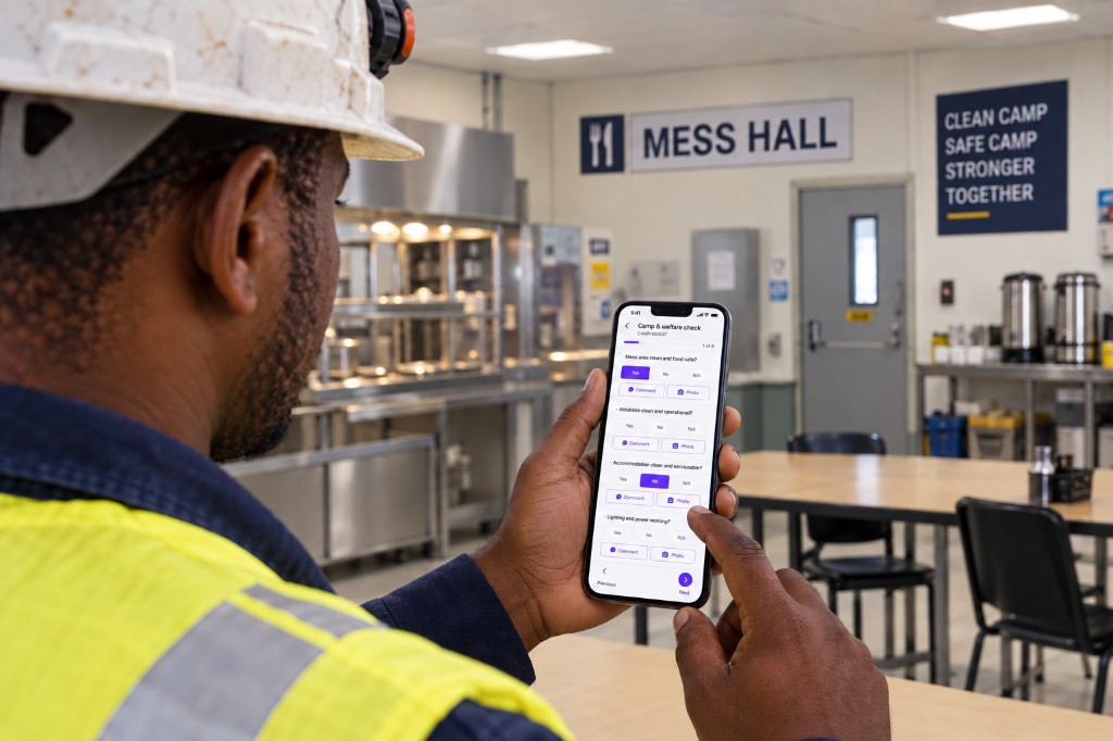 Camp supervisor completing a camp and welfare check on a phone in the mess hall