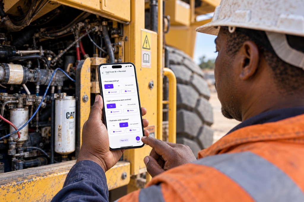 Plant operator completing a Haul truck 18 pre-start check on a phone at the engine bay