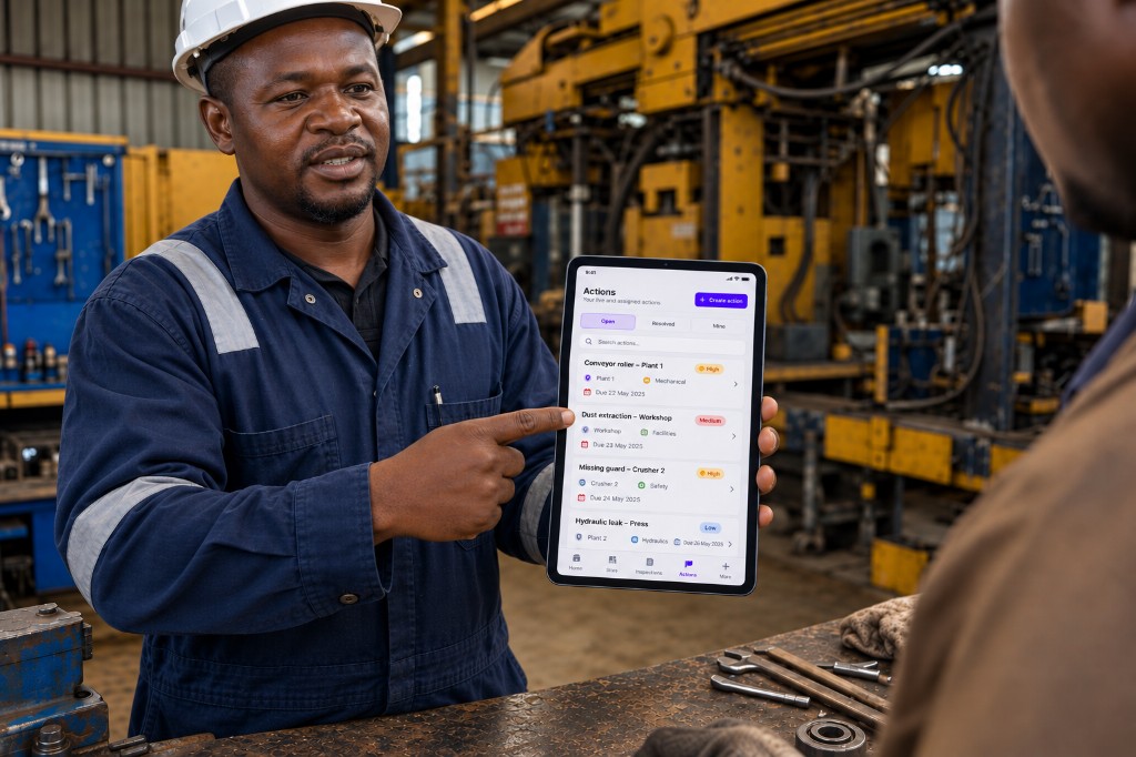 Workshop supervisor showing a colleague the open job cards on a tablet, including a missing guard on Crusher 2