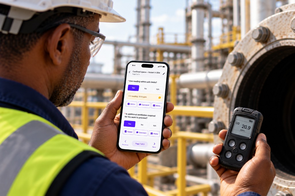 Technician recording a confined-space gas test for vessel V-204 on a phone beside a gas detector