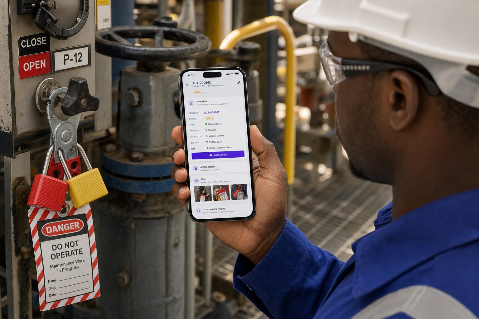 Technician opening the valve P-12 isolation job card, with lockout photos, beside the locked-out valve