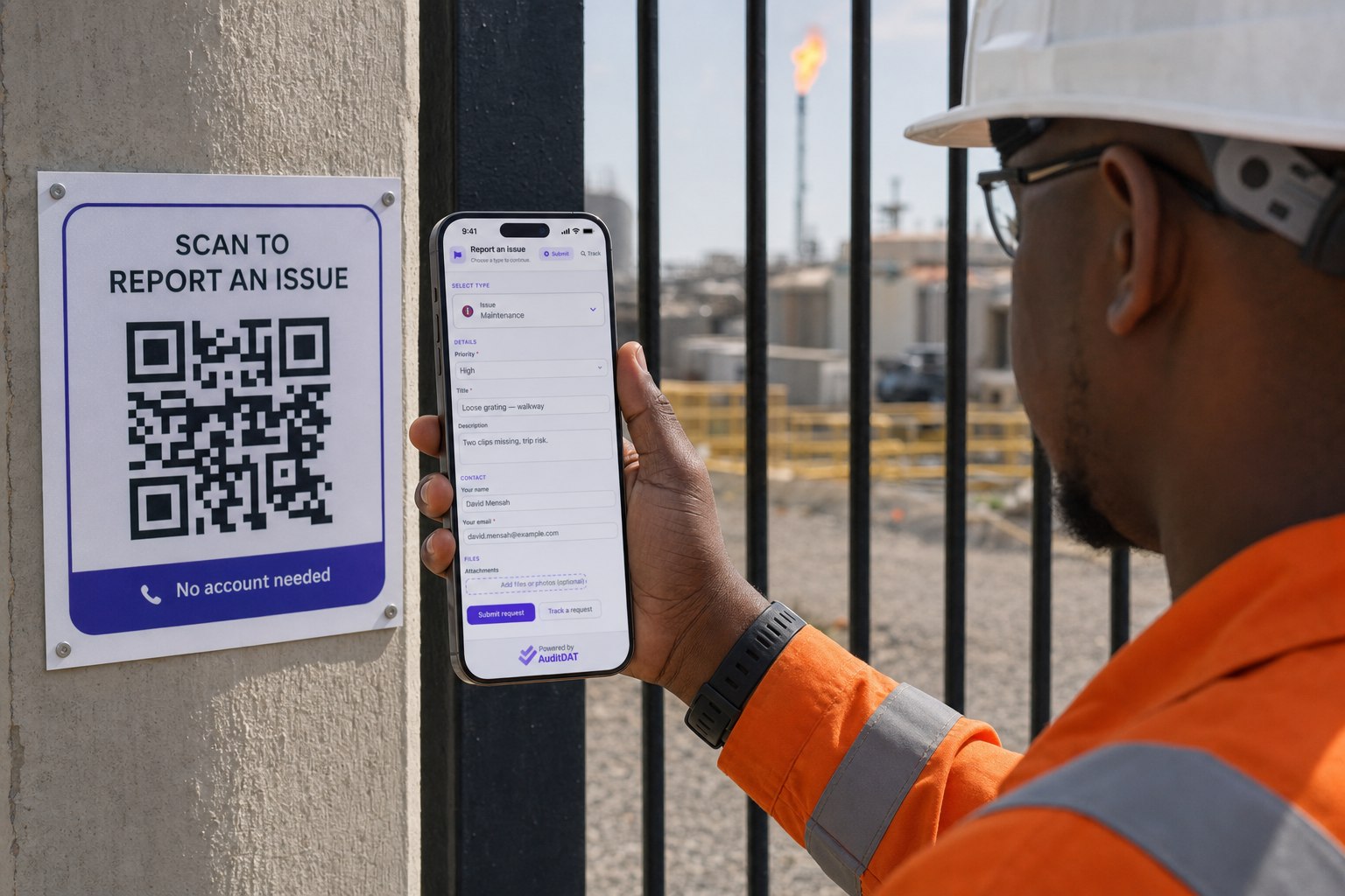 Visitor reporting loose grating on a walkway from a QR sign at the plant gate, with no AuditDAT account