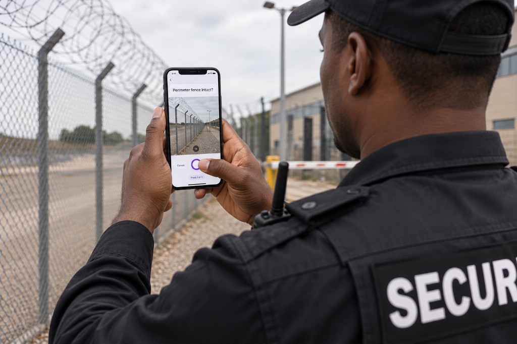 Security officer photographing the perimeter fence on a phone at a patrol checkpoint