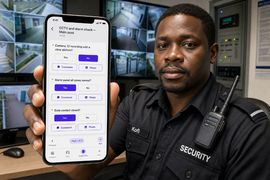 Security officer at the main post showing a CCTV and alarm check on a phone, with camera 12 marked as failed
