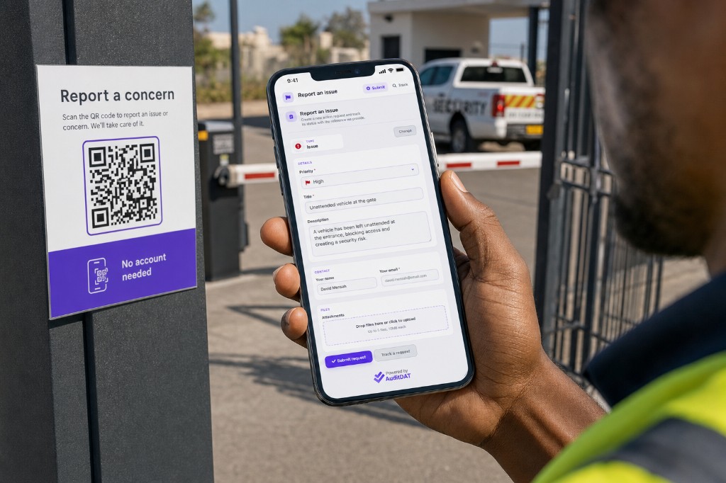 Person reporting an unattended vehicle from a “Report a concern” QR sign at the gate, with no AuditDAT account