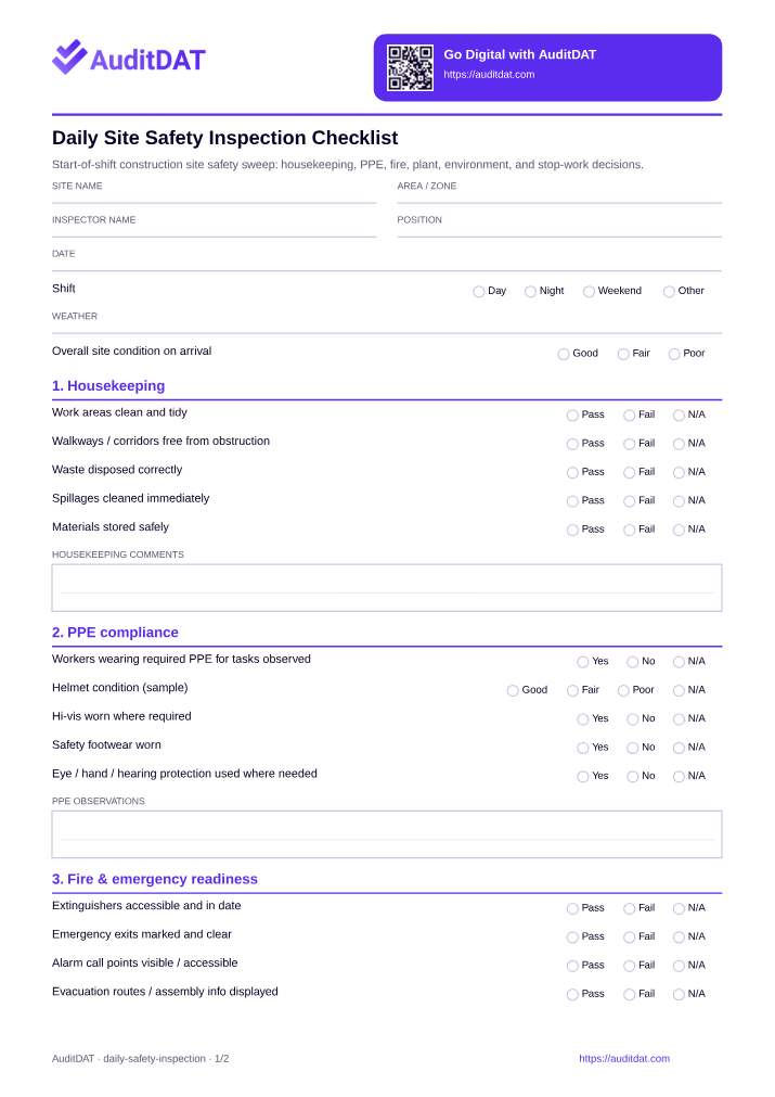 Preview of the Daily Site Safety Inspection Checklist
